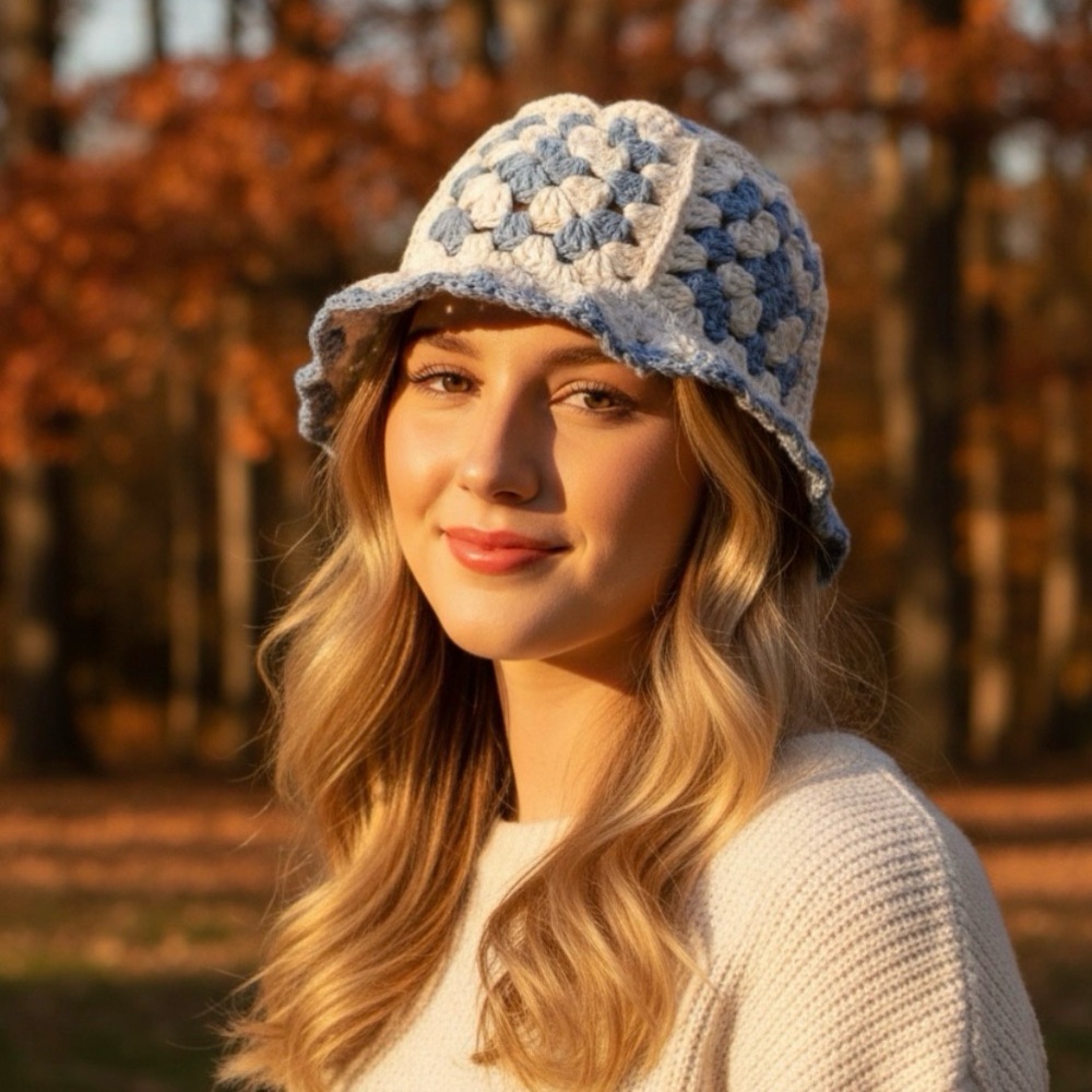 Chic Crochet Bucket Hat in Blue and White HANDMADE 100%cotton